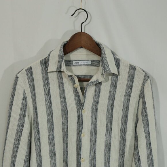 Zara Striped Button Up Shirt Small Beige gray Long Sleeve Casual Morocco - Picture 3 of 9